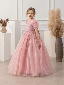 少女粉色蕾丝边深V露背网纱毕业优雅公主裙，适合女孩穿着，可用于生日派对、婚礼、花童、伴娘、特殊场合和庆典、毕业典礼等。 - 粉色 - 查看 5