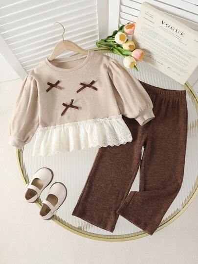 Young Girl Cute Bow-Knot Lace Trim Casual Delicate Blouse Paired With Straight Leg Camel Plush Pants, Autumn/Winter New Arrival