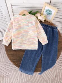 2pcs Young Girls Cute 3D Strawberry Top And Denim Pants Set, Spring/Autumn - Pink - View 2