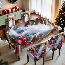 1/4/5/6/7/36pcs Winter Pine Tree & Holly Berry Print Chair Cover/Seat Cushion Set, Suitable For Indoor Home, Restaurant, Hotel, Ideal Choice For Modern Daily Decor. Tablecloth Fits Square Dining Table, Elastic Chair Covers Are Washable.
