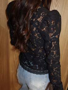 Women Lace Shirt, Long Sleeve Shirt Button-Down Slim Fit Elegant Fall Sheer Tops Clubwear - màu đen - Xem 4