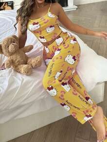 2 件套 Hello Kitty 印花女式吊带短款上衣 + 松紧腰直筒裤可爱睡衣套装 - 黃色 - 查看 4