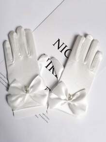 1 双蕾丝蝴蝶结新娘手套仿珍珠乳白色短款手指手套蕾丝立体刺绣优雅下午茶舞会礼服配饰照片道具情人节情人