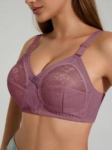 1pc Women's Solid Color Full Coverage Lace Wireless Bra, Sexy Supportive Breathable Thin Lingerie - Pink - View 6