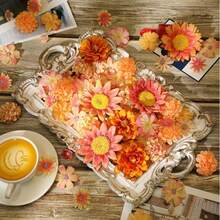 2/5/10/15/20/30/40/60/100Pcs Small Artificial Flower Heads, Fall Silk Faux Orange Peony Daisy Rose, For DIY Crafts, Wedding Garland, Halloween, Christmas, And Thanksgiving Season, Cake Topper & Home Decoration,Decoration In The Center Of The Dining Table