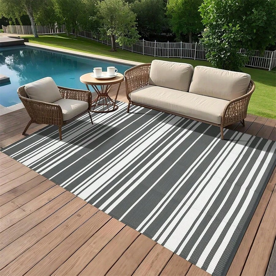 Meiyiu Waterproof Outdoor Rug 8x10/9*12/9*18, Plastic Straw Patio Camping Rug, Indoor Outdoor RV Mat Carpet For Deck, Camper, Porch, Balcony, Backyard, Picnic - Grey-9*12ft - 查看 1