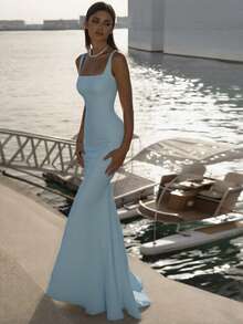 Basrey Light Blue Spaghetti Strap High Waist Fitted Backless Bridesmaid Dress Mermaid Maxi Gown, Suitable For Weddings, Bachelorette Parties, Vacations, Galas, Brides, White Dresses - Baby Blue - View 5