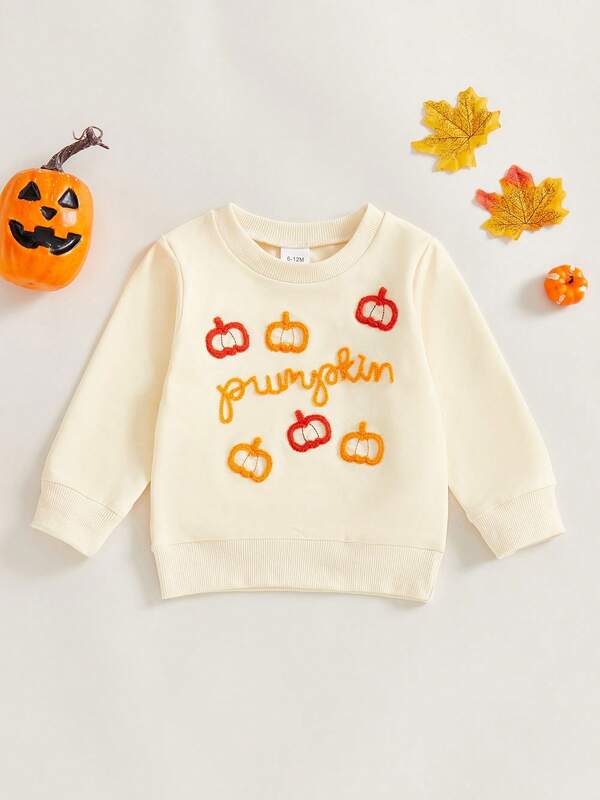 Toddler Baboy Boy Girl Halloween Sweatshirt Pumpkin Letter Embroidery Loose Fit Casual Round Neck Long Sleeve Pullover Newborn Fall Winter Clothing