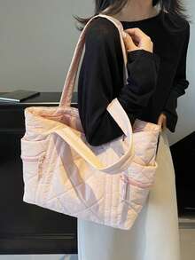 简约纯色新款绗缝手提包，春夏必备。轻便实用，容量大，配有多个口袋、肩带、拉链封口、双肩带和一个美观的腋下口袋，适合通勤、上学、购物和收纳。 - 粉色 - 查看 4