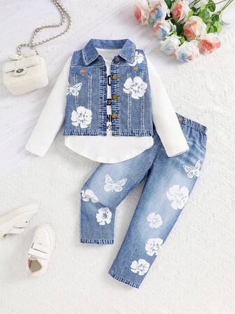 Conjunto casual de 2 piezas para niña: Blusa de manga larga con gráfico de letras y dobladillo curvo, chaleco estampado con flores y pantalones largos, conjunto de moda para primavera y verano, niña pequeña/niña pequeña