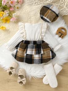 3pcs/Set Casual Elegant Cute Baby Girl Autumn/Winter Dress Set, Soft & Comfortable, Bow Decor Ruffle Layered Plaid Dress With Bodysuit & Hat And Socks - Multicolor - View 3