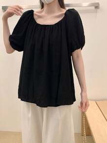 Áo cánh cổ tròn tay bồng rộng rãi, phong cách Hàn Quốc - màu đen - Xem 4