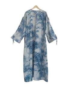 1 件优雅女士长袖喇叭领带细节抽象印花编织长款卡夫坦连衣裙，适合日常穿着和节日 - 淺藍色 - 查看 6