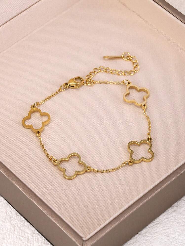 Braccialetto elegante e alla moda in acciaio inossidabile con quadrifoglio e fiore in zirconia, accessorio gioiello versatile per le donne, adatto per un uso elegante quotidiano e per le feste, un regalo ideale - Dorato - Visualizzare 5