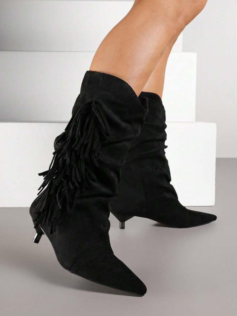 Duck Heel Ankle Boots With Ruching And Fringe - Black - View 1