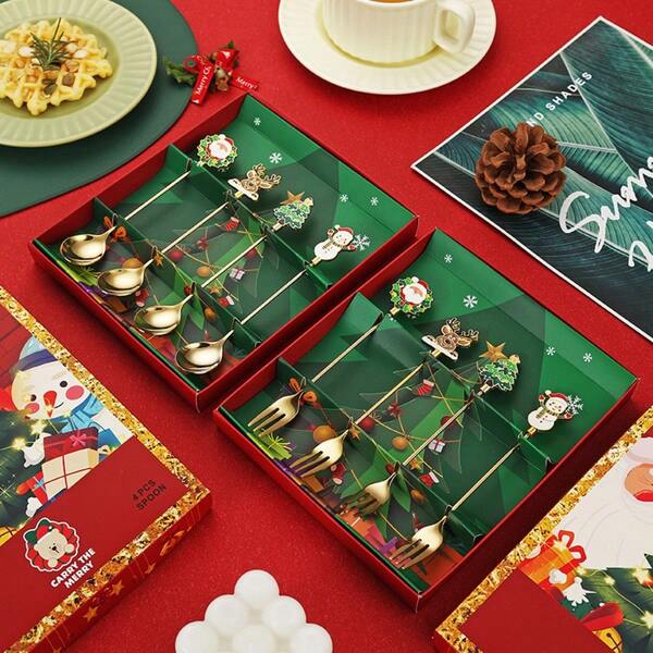 Christmas Spoon Fork Set,Stirring Mixing Spoons With Dessert Fork,Creative Christmas Tree Santa Stainless Steel Dessert Spoons For Xmas Party Tableware Decor Gift Home Dinner Coffee