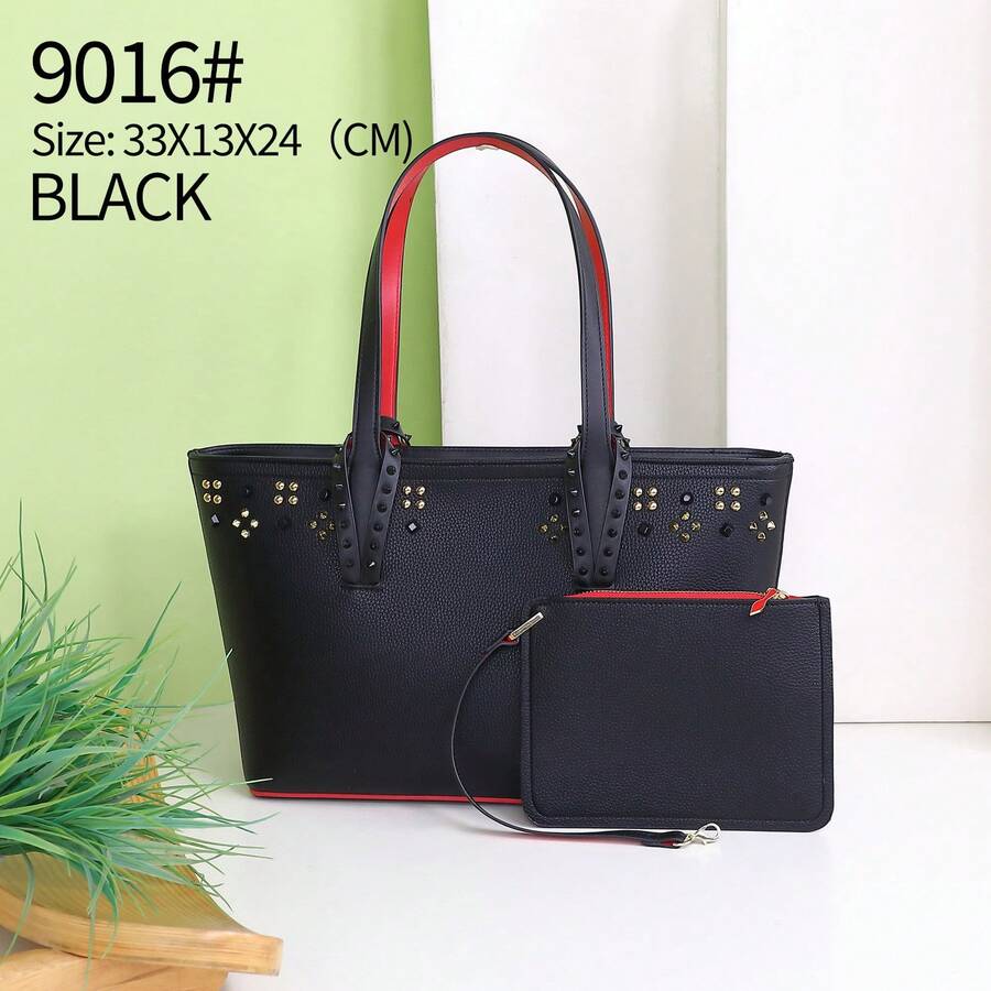 Women's Summer Shoulder Shopping Bag Tote Bag - 黑色配金釘 - 查看 1