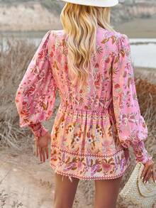 Plus Size Women V-Neck Ruffle Trim Patchwork Lightweight Long Sleeve Blouse - Pink - View 3