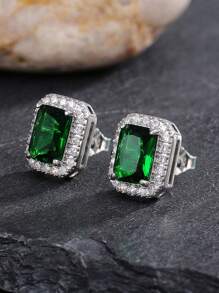 Pendientes de botón de plata de ley 925 con circonita cúbica geométrica cuadrada, joyería de alta calidad para mujeres - Plateado - Ver 3