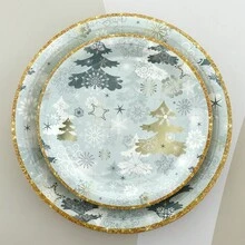 圣诞绿色圣诞树和雪花圣诞主题派对餐具套装，包括 9 英寸、7 英寸纸盘、甜点盘、纸杯 - 彩色 - 查看 4