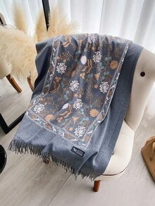 1 Peça Xale/Poncho de Estilo Boêmio Bordado, Grosso e Quente, com Borlas, Feito de Falso Cashmere, para Mulheres no Outono/Inverno - Cinza Claro - Visão 3