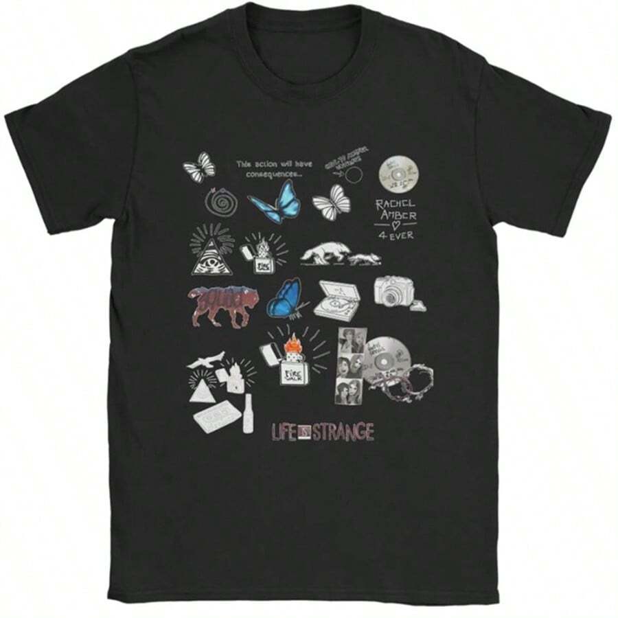 Life Is Strange Video Game T-Shirt Man Awesome Cotton T Shirts Summer O Neck Hip Hop Tee Shirt Print Big Size Tops - 黑色 - 查看 1