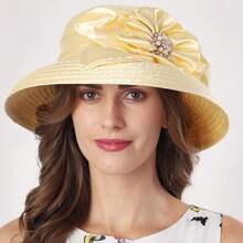 Church Hats For Women Derby Hats 1950s 20s With Rhinestone Wide Brim - 黃色 - 查看 5