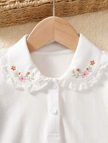 Tween Girl Cute Embroidered Ruffled Collar Long Sleeve Tee, Fashion Breathable Soft 100% Cotton Traceable Fabric, Spring New - White - View 3