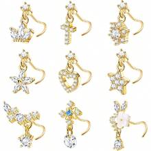 9 PCS Dangle Nose Rings - L Shaped For Women, 20G Stainless Steel Nose Rings Studs With CZ Cross, Crown, Flower, Heart Dangling Piercing Jewelry - Multicolor - View 15