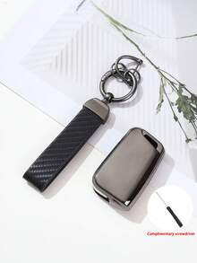 3pcs/Set TPU Soft Car Key Case + Leather Keychain + Screwdriver Kit, Suitable For 3-Button Folding Car Key - B-titanium Gray-black Carbon Fiber - View 4