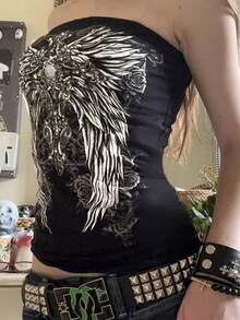Women's Y2k Fairy Grunge Tube Top Goth Wing Graphic Print Slim Fit Strapless Top Summer Teen Girl Gothic Emo Crop Tops Vintage Aesthetic Clothes Halloween Streetwear