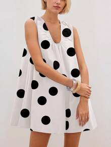 Women's Cute Polka Dot Babydoll Mini Dress Scoop Neck Flowy Sleeveless Short Dress Ruched Loose Fit Dress - trắng - Xem 2