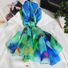 100% Mulberry Silk Scarf For Women Lightweight Long Scarves Beach Wraps Cover Up -Travel Photography Scarfhalloween - 藍綠色 - 查看 6