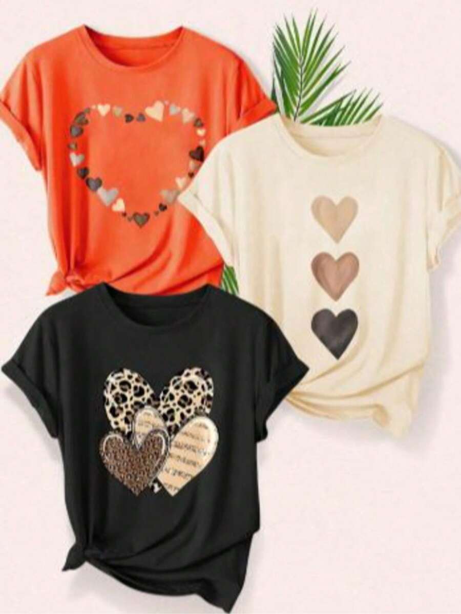 SET CAMISETAS DE DAMA CUELLO REDONDO DISEÑO CORAZONES C01 3PZ IDEAL PARA GYM Y LA MODA CASUAL - Multicolor - Ver 1