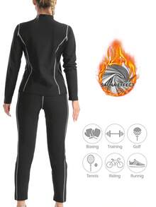 Women's Sauna Suit, Women's Sports & Fitness Sweat Suit, Women's Sweat Shirt, European And American Women's Sweat Shirt, Sports Sauna Sweat Shirt, Fitness Yoga Sweat Shirt, Long Sleeve Sweat Shirt, Sweat Pants - Black - View 6