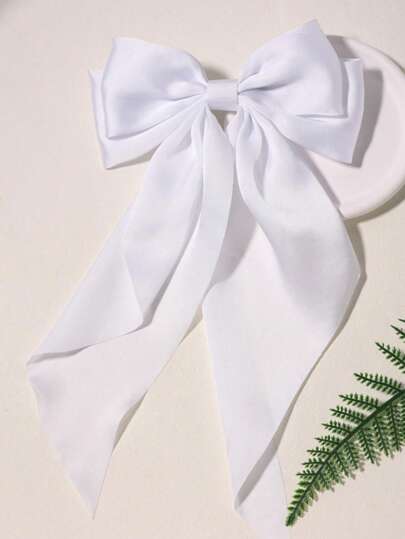1pc White Bow Hair Clip, Large Size Hair Accessory, Elegant Long Tail Hair Clip, Suitable For Girls, Teens, And Children For Daily Wear