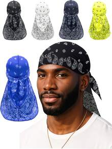 1 件耐用丝绸般 Durag 头带，男士波浪缎面 Durag 头带，街头时尚嘻哈 Durag，长尾宽带，纯色弹力 Durag，适合运动、户外和日常风格 | 透气涤纶纤维，可调节松紧 | 可机洗 | 街头风格 - 長款緞面頭巾 - 查看 8