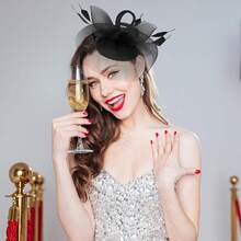 Ibeauti Fascinator Hats With Screentouch Lace Gloves Set Women Tea Party Cocktail Wedding Derby Headwear Short Gloves - 07 Black - 查看 4