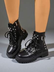 朋克金属孔眼系带扣假日黑色时尚踝靴，厚底靴，英伦风格高帮机车靴，铆钉系带和皮带扣，秋冬 - 黑色 - 查看 2