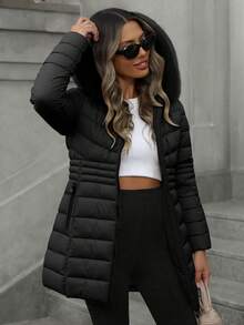 Giolshon 女士休闲连帽羽绒服，带口袋，轻便羽绒服，适合日常穿着，黑色，冬季款 - 黑色 - 查看 2