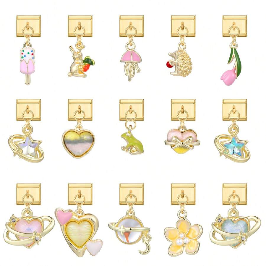 1件金色吊坠模块化手链，可DIY替换花朵、水母、心形、五角星、鱼尾、月亮、海星元素，都市休闲风格，圣诞节和万圣节必备单品，秋季色调，本土风情，实用时尚，圣诞风情，迷人设计，不锈钢饰品，圣诞装饰，秋季办公风格 - 多款組合 - 查看 1