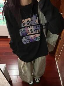 女士宽松卡通印花长袖棉质T恤，百搭春秋装 - 黑色 - 查看 2