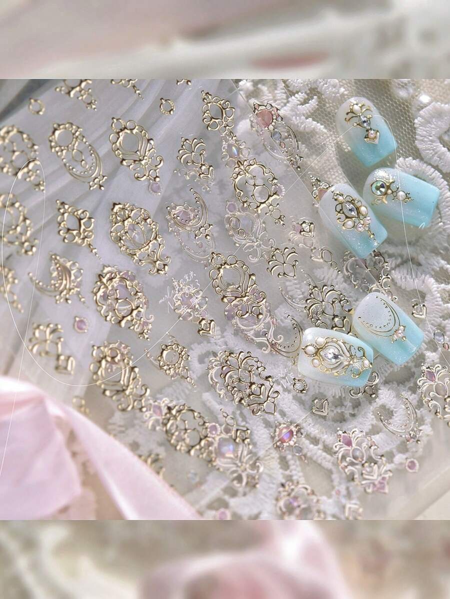 Autumn New Style 1pc 5D Nail Art Stickers Metal Noble And Elegant Nail Stickers, Light Mature Style Nail Stickers, Gold-Rimmed Scepter Ornaments Adhesive Nail Art Stickers Decals Manicure Charms - Multicolor - View 1