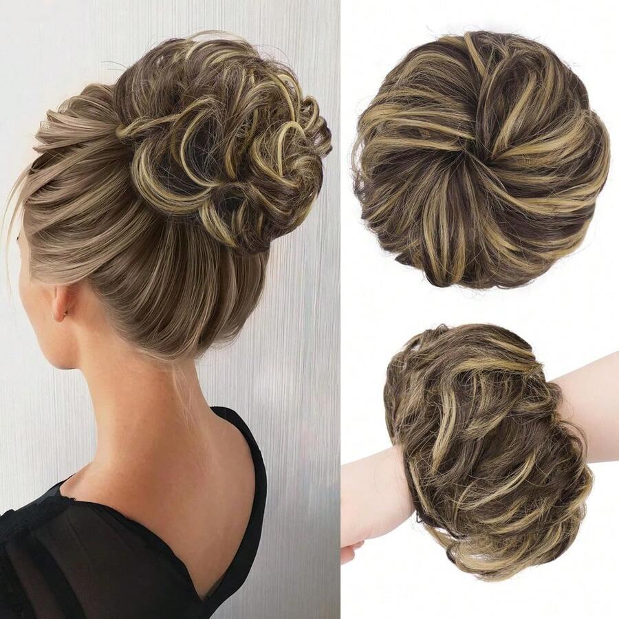Messy Bun Hair Pieces - Large Wavy Curly Elastic Hair Bun Scrunchies Ponytail Extensions Synthetic Chignon Hairpieces For Women, Natural Black 1.94oz - 6H18# 深棕色&香檳金色 - 查看 1