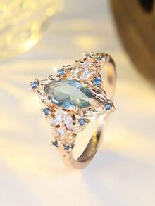 قطعة واحدة من الخواتم الاصطناعية الفاخرة باللون الأصفر الذهبي على شكل بيضاوي بلون الشمبانيا ذو فراغات من الزركونيا، خاتم خطوبة للاستخدام اليومي