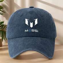MAKEFGE MESSI Logo Baseball Cap - Vintage Washed Look, Soft & Comfortable, Breathable Sweat-Absorbent Hat For Outdoor Sports, Adjustable Fit For Men & Women, Black With White Embroidery, Lightweight Polyester, Spring/Summer Fashion Accessory, Adjustable Baseball Cap| Stylish Headgear| Polyester Cap, Baseball Hat - màu đen - Xem 4