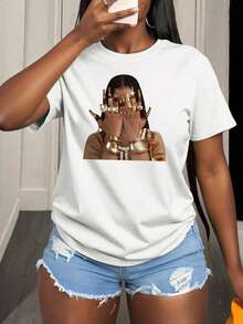 1 件女童休闲字母印花圆领短袖 T 恤，夏季学生年轻休闲装 - 简约英文字母风格 T 恤激发想象力和自我表达 - 白色 - 查看 10