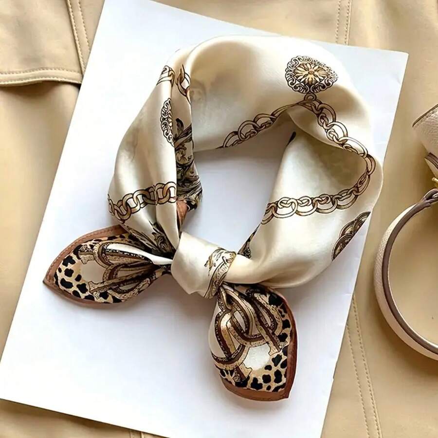 27.5" Chain Leopard Print Square Scarf For Women – Brown Satin Faux Headscarf, Elegant Decorative Scarf, Perfect For Styling And Everyday Wear - Red Leopard Print - View 1