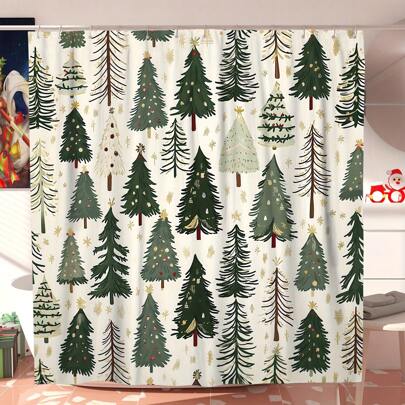 1/4 Pcs Christmas Winter Bathroom Curtain Set: Waterproof Polyester Pine Tree & Snowflake Design, Washable, 12 Hooks, Non-Slip U-Shaped Toilet Seat Cover And Bath Mat, Suitable For Christmas Bathroom Shower Home Decor Bathroom Decor