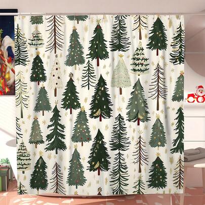 1/4 Piezas Juego de Cortinas de Baño de Invierno Navideño: Diseño de Árbol de Pino y Copos de Nieve Impermeable de Poliéster, Lavable, 12 Ganchos, Cubierta de Asiento de Inodoro en Forma de U Antideslizante y Alfombra de Baño, Adecuado para Decoración Navideña del Baño en el Hogar